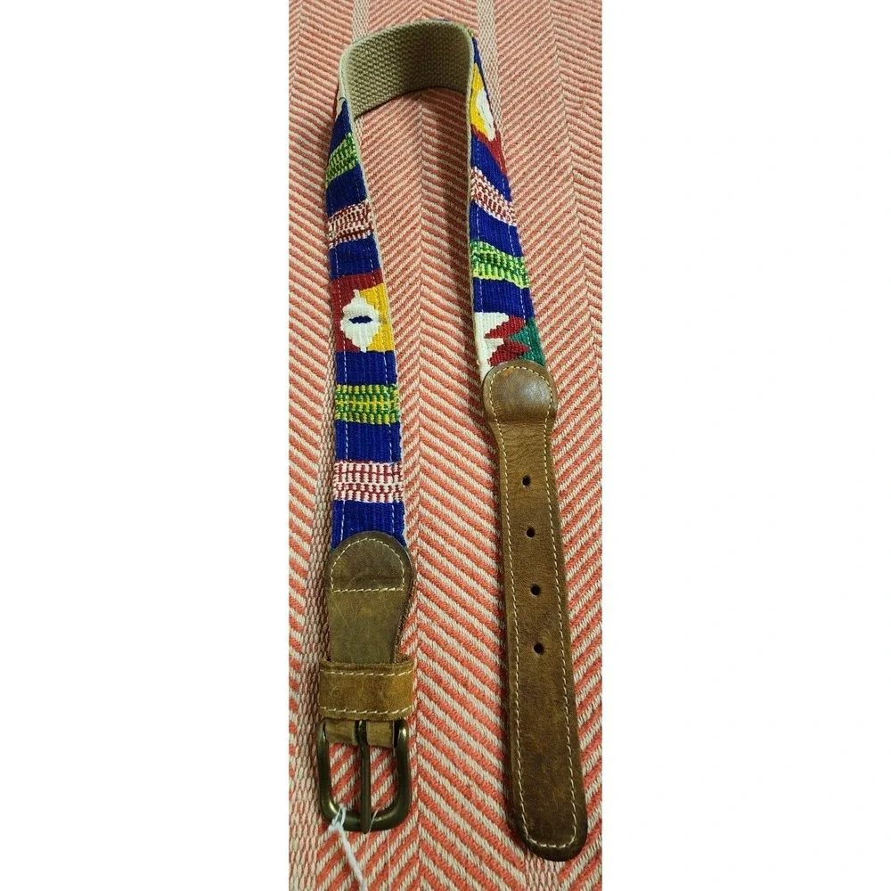 A Tail We Could Wag Leather Cotton Multicolor Striped Belt Sz‎ 34 Tribal Unisex